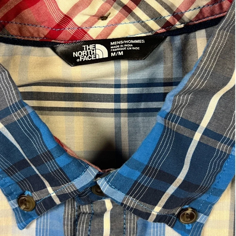 The North Face Plaid Button Down Shirt Mens Medium Blue‎ Short Sleeve Pockets